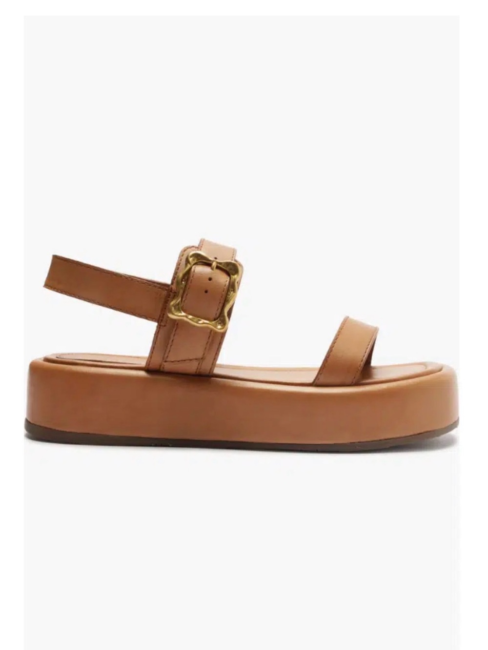 Schutz Wavy Ankle Platform Tan Platform Sandal with Gold Buckle Size 8
